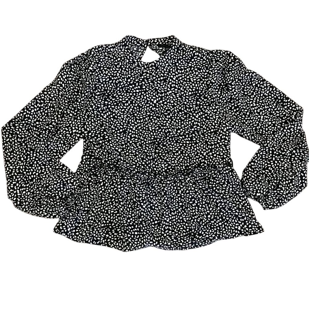Sanctuary Women's Black White Print Ruffle Peplum Hem Long-Sleeve Blouse. Size S